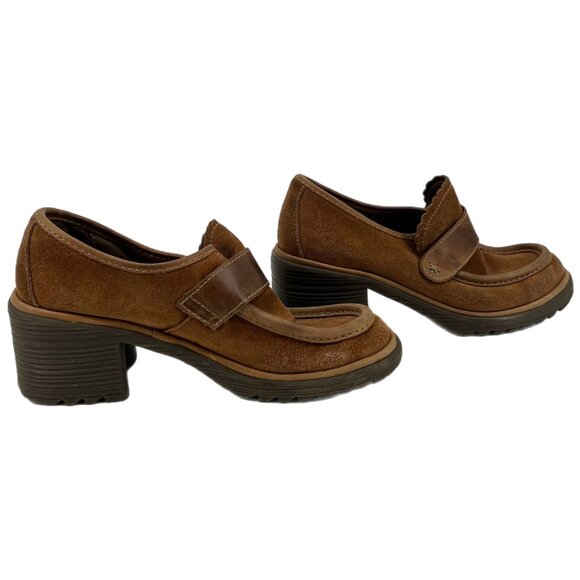 Fly London Shoes - Fly London Tan Suede Block Heel Loafers | Size 39EU